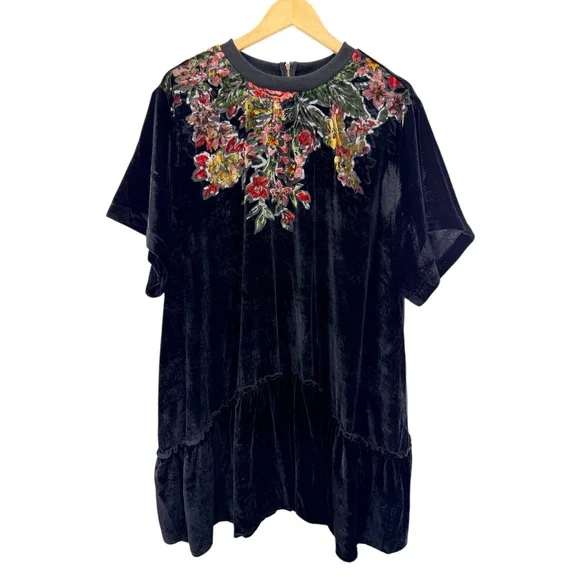 Free People Sweet Echoes Black Floral Velvet Burnout Dress Womens Large Boho - Picture 5 of 9